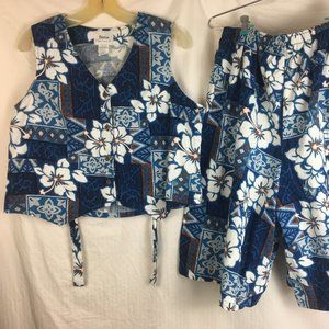 Hawaiian Vest Sleeveless Top + Hi Waist Shorts Set